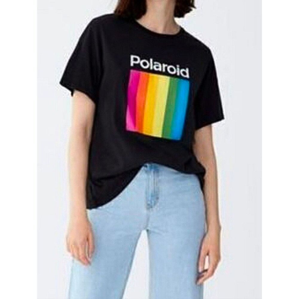 Mighty Fine Women's Black Polaroid Graphic Crewneck Short Sleeve Tee